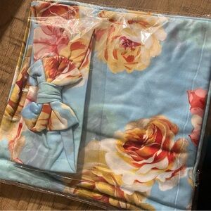 Floral Blue and Yellow Robe with Bow Headband and Swaddle